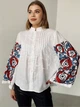 Авторская женская вышиванка белая "Касандра" офисная вышитая блуза цветочная на 100% льне 12527-48 (L) - изображение 6