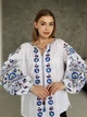 Авторская женская вышиванка цветочная "Каталина" белая блуза с синей вышивкой на льняной ткани 12501-50 (XL) - изображение 4