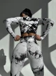 Спортивный женский костюм Marble тай-дай с пуш-ап для фитнеса (рашгард + леггинсы) Бесшовный Мраморный L Бело-черный (XX01L) - изображение 5