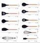 Кухонний набір 19 предметів Kitchenware set, силіконові аксесуари для кухні з подвійною підставкою та обробною дошкою, кухонні ножі з нержавіючої сталі, стильний набір приладдя для кухні, чорний - зображення 6