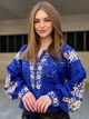 Синя жіноча вишиванка квіткова "Стефанія" стильна блуза з бежевими квітами на льняній тканині 12607-46 (М) - зображення 4