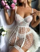 Женский полупрозрачный пеньюар с кружевными вставками юбочкой в горошек и трусиками стрингами сексуальное белье для женщин Белый M - изображение 5