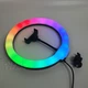 Кольцевая лампа для селфи RGB LED 26 см со штативом 2м и держателем для телефона, светодиодная лампа для блоггеров, макияжа, фото и видеосъемки с регулировкой яркости 10-100%, холодный/теплый/RGB свет Черная MJ26T - изображение 5