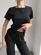 Жіноча піжама в рубчик П023 комплект шорти футболка і штани 3в1 L-XL чорний - изображение 8