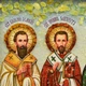 Икона "Святые Василий Великий, Иоанн Златоуст, Григорий Богослов" янтарная 15х20 - изображение 2