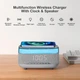 Цифровой будильник PRIBUY с беспроводным зарядным устройством, динамиком Bluetooth, двойной будильник, прикроватная лампа. Серый - изображение 2