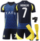Форма футбольная детская Ronaldo (Роналдо) 7 Al-Nasr (Аль-Наср), сезон 24/25 с гетрами (размер 34-38) и щитками, 20 размер, рост 115-120 см, черно-синяя с желтым - изображение 1