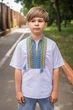 Вишиванка для хлопчика Козачок 7–13 років, біла, короткий рукав, поплін з домотканими вставками ,122, Білий з синім - зображення 2