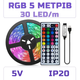 Світлодіодна RGB стрічка комплект 5м з пультом на 44 кнопки, 30 світлодіодів на метр, USB 5V - зображення 1
