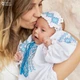 Набор одежды для крещения девочки с голубо-синей вышивкой Мамине Сонечко 62 размер Украиночка лен белый + мешочек для первых волосиков в подарок (арт. 11102-1) - изображение 6