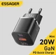 Зарядное устройство ESSAGER 20W GaN USB Type-C Быстрая зарядка QC3.0+PD3.0 для Apple iPhone, iPad, Samsung, Xiaomi Black (ES-CD31) - изображение 1