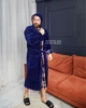 Халат мужской теплый махровый длинный с капюшоном двухцветный синий с клеточкой L 4002О - СК - изображение 2