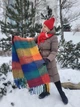 Женский теплый шарф Дред с бахромой Оранжево-синяя клетка яркая кашемир 210х40 см 00843/56 - изображение 1