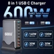 Зарядная станция многопортовая ILEPO 600W на 3 USB + 5 Type-C / сетевое мультизарядное устройство Black (19027) - изображение 3