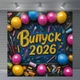 Праздничная фотозона Выпуск 2026 яркие розовые и синие шарики с канцелярией на темном фоне 160x160см, №41005 - изображение 5