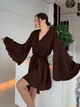 Женский шелковый короткий халат с поясом широкие рукава клеш Коричневый S - изображение 5