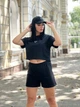 Летний трикотажный женский костюм с шортами и укороченной футболкой 42-44, Черный - изображение 4