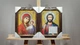 Икона Пара Казанская Венчальная с блеском в коричневой багетной раме 17х24 см.№P116 - изображение 1