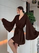 Женский шелковый короткий халат с поясом широкие рукава клеш Коричневый L - изображение 2