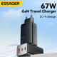 Зарядний пристрій Essager 67W GaN (2xType-C + USB-A) QC4.0 PD3.0 швидка зарядка Black - зображення 3