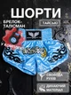Комплект тайские шорты и брелок-талисман гиря для кикбоксинга мма муай тай тайского бокса смешанных единоборств мужские женские детские спортивные в зал с разрезами боксерские тренировочные сатиновые широкий пояс Univerza Голубые 4_3_XL_7B - изображение 1