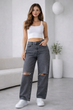Жіночі джинси Stradivarius straight fit сірі з розрізами на колінах розмір 42 - зображення 1