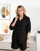 Літній жіночий костюм батал із льону жатки сорочка та шорти Стильний лляний костюм із шортами висока посадка SOLIINA LI-128 Чорний, 46-48 - зображення 6