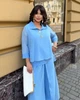 Костюм-двойка женский из софта и шифона с блузой свободного кроя и широкими брюками летний G&M k-130605 56-58 Размер цвет голубой - изображение 2