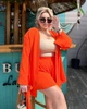 Костюм женский из американского крепа двойка с удлиненным кимоно на запах и свободными шортами на резинке летний больших размеров G&M k-130841 56-58 Размер цвет оранжевый - изображение 4