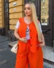 Костюм женский тройка из льна жатки и хлопкового кулира с жилетом на пуговицах футболкой и свободными укороченными брюками высокой посадки больших размеров G&M k-130969 54-56 Размер цвет оранжевый - изображение 3