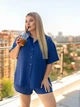 Женский летний костюм из жатки шорты и рубашка синий 54-56 - изображение 1