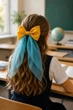 Школьный бант для девочки желто-голубой с шифоновыми лентами | Бант на заколке в школу | Аксессуар к 1 сентября - изображение 2