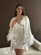 Комплект женского белья Swan атласный пеньюар и халат с пышными перьями белый L (wSSwan-1002) - изображение 5