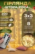 Гирлянда-штора Роса 3×3 м, 300 LED, с крючками, USB и пультом (с батарейками), тёплый свет - изображение 1