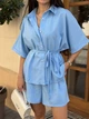 Костюм женский двойка из льна и хлопка с рубашкой свободного кроя на пуговицах поясом и шортами G&M k-131398 42-46 Размер цвет голубой - изображение 3