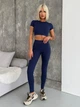 Спортивный женский костюм Hot с имитацией белья для фитнеса и йоги (кроп-топ футболка + леггинсы) c двойным Push Up L Темно-синий (JB09_HOTL) - изображение 1