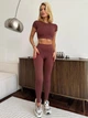 Спортивный женский костюм Hot с имитацией белья для фитнеса и йоги (кроп-топ футболка + леггинсы) c двойным Push Up L Шоколад (JB05_HOTL) - изображение 3