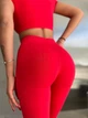 Спортивный женский костюм Hot с имитацией белья для фитнеса и йоги (кроп-топ футболка + леггинсы) c двойным Push Up L Красный (JB03_HOTL) - изображение 2