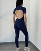 Женский спортивный комбинезон с декоративными швами открытой спиной и молнией спереди для фитнеса зала Синий M (KSKR3M) - изображение 5