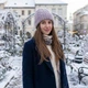 Вязаная женская шапка из мохера и ангоры PRIGRIZ с узором и отворотом, бежево-сиреневый - изображение 1