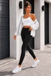 Леггинсы женские из эластичного дайвинга облегающие Skinny с высокой посадкой, поясом на резинке и декоративными камнями G&M k-132196 S-M Размер цвет черный - изображение 4