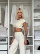 Спортивный женский костюм Calm Fit (топ-футболка с вырезом + леггинсы палаццо) для йоги и фитнеса Premium M Молочный (CF190181_05M) - изображение 4