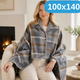 Универсальный плед-халат-шаль 100×140 см One size- теплая нежная двусторонняя накидка в темно-серую клетку на кнопках KT9000906 - изображение 1