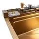 Кухонная мойка VALESO Handmade 7545 PVD Gold Decor 750×450×220 мм с водопадом, смесителем и аксессуарами золотая - изображение 8