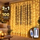 Светодиодная LED гирлянда-штора (занавес) для окна 3×1 м, 100 светодиодов, USB с пультом, тёплый белый свет - изображение 1