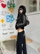 Женское укороченное худи с капюшоном Gothic Letters, черное с золотым принтом, S - изображение 9