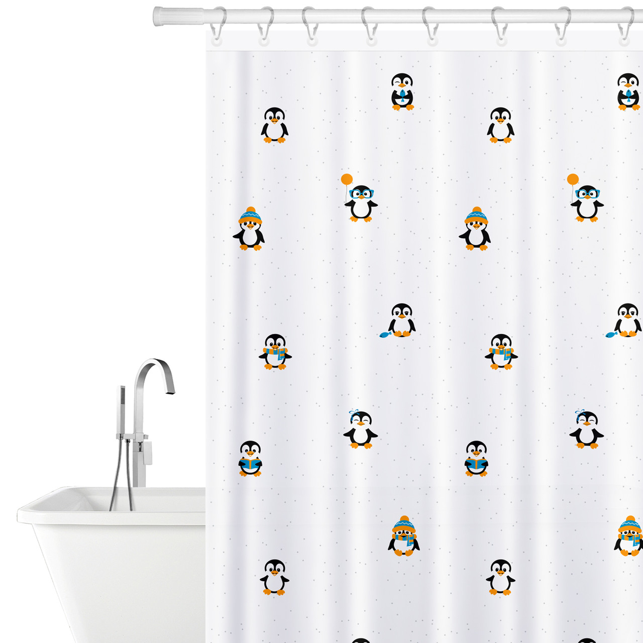 Тканевая штора для ванной комнаты Tatkraft Веселые пингвины с кольцами .