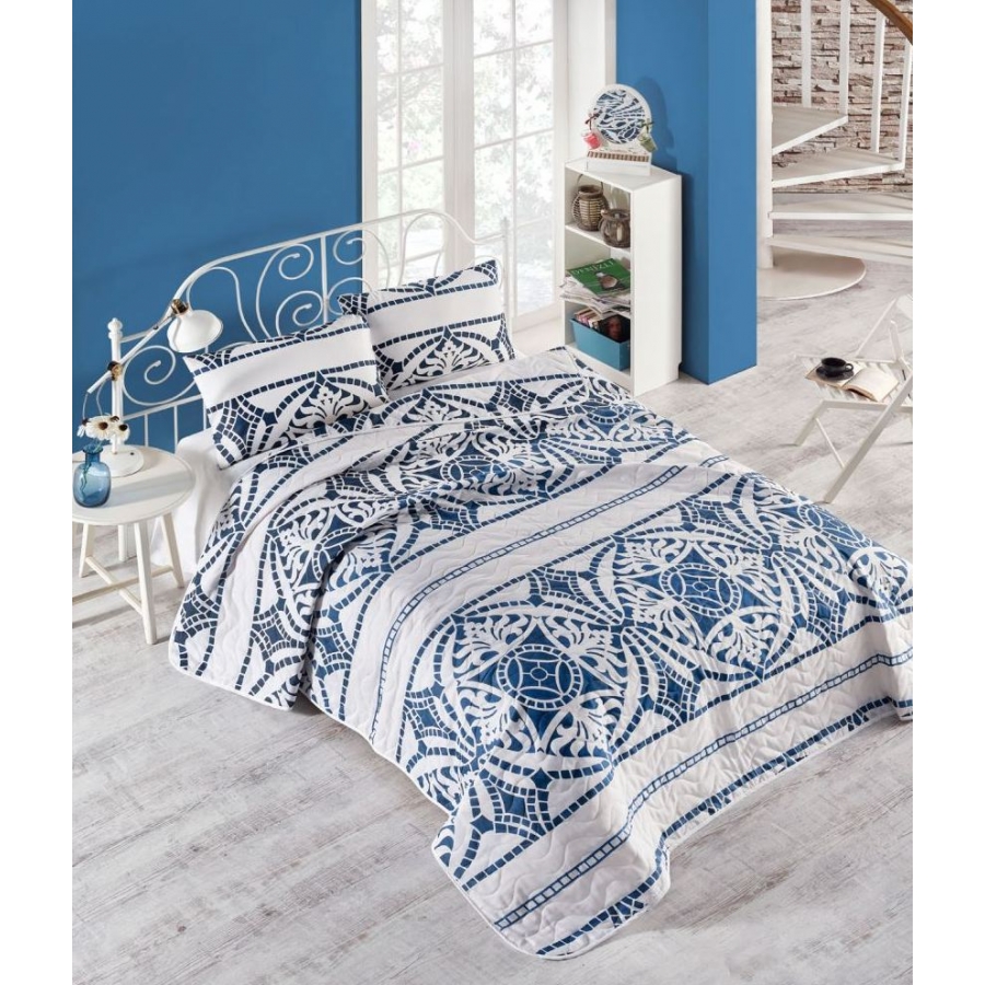 

Покрывало стеганное с наволочками Eponj Home - Marble lacivert синий 200*220
