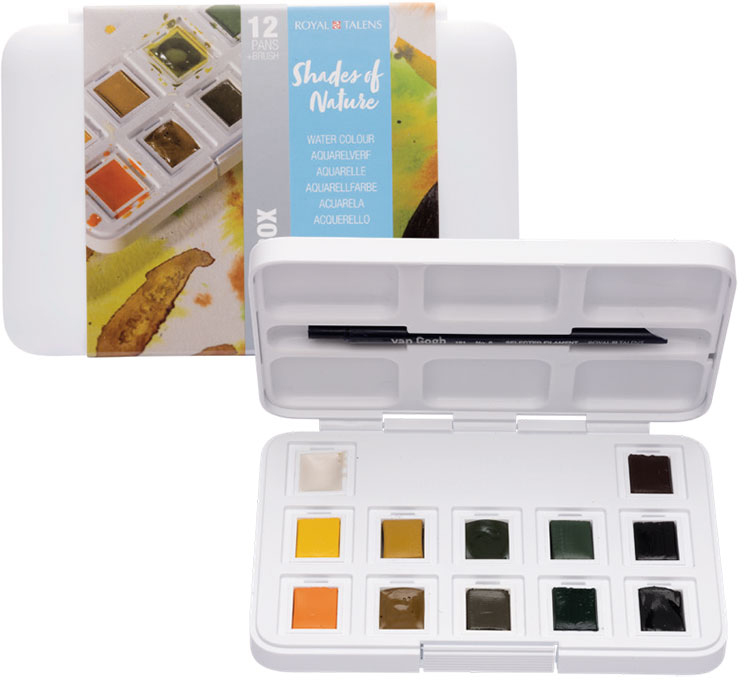 

Набор акварельных красок Royal Talens Van Gogh Pocket box Shades Of Nature 12 цветов в кюветах кисточка в комплекте (8712079422806)
