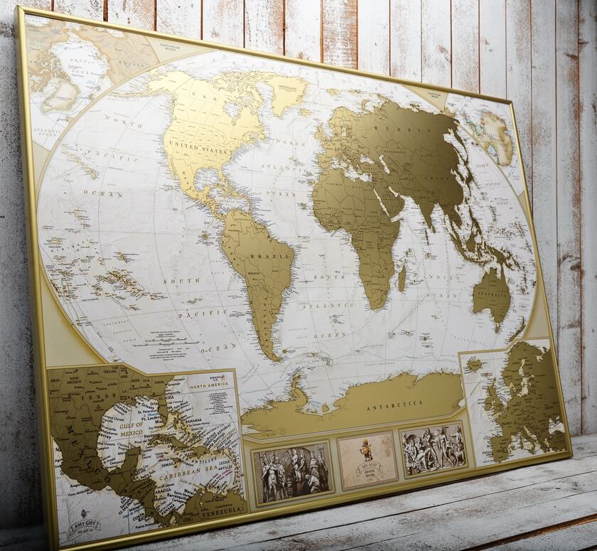 

Скретч карта мира Mymap Antique edition в раме Metal Gold